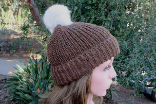 100% Alpaca Pom-Pom Channel Beanie Hat Hat Brown-Fawn