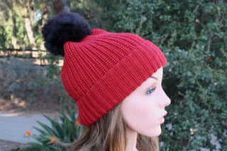 100% Alpaca Pom-Pom Channel Beanie Hat Hat Red-DarkBrown