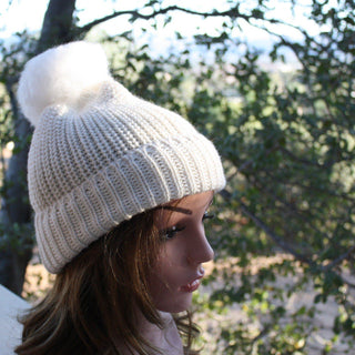 100% Alpaca Pom-Pom Channel Beanie Hat Hat White-White