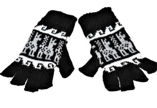 Alpaca Inca Patterned Fingerless Gloves Gloves Black