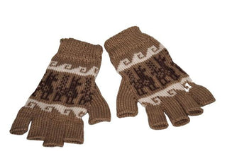 Alpaca Inca Patterned Fingerless Gloves Gloves Camel