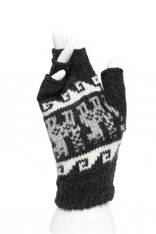 Alpaca Inca Patterned Fingerless Gloves Gloves Charcoal Grey