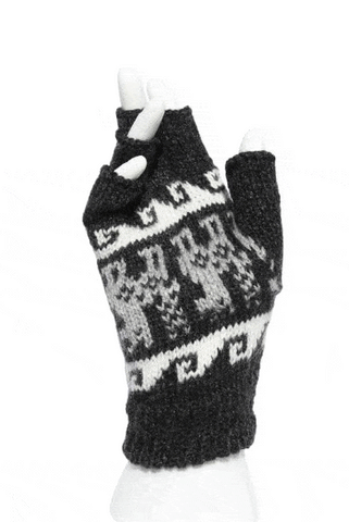 Alpaca Inca Patterned Fingerless Gloves Gloves Charcoal Grey 