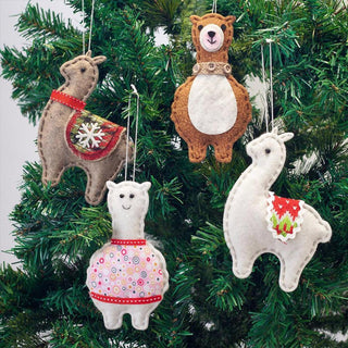Classic Handmade Felt Alpaca Tree Hanging Ornament Set Holiday Ornament Set of 4