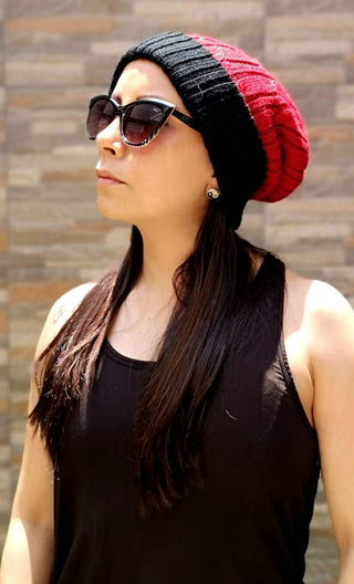 Reversible Cabled 100% Alpaca Knit Hat Fun RedBlack