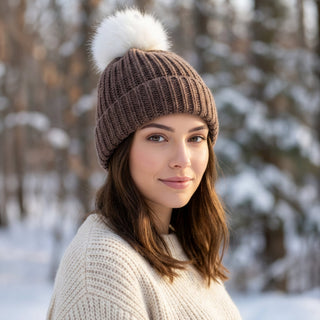 INCTPomPom-brnfawn-100% Alpaca Pom-Pom Channel Beanie Hat