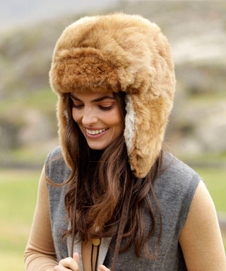 furchullohat-fawn-100% Baby Alpaca RCMP Fur Hat With Earflaps Chullo