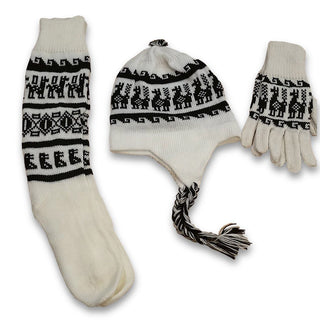 IncaSetWhite-Alpaca Inca Hat, Gloves, Socks set