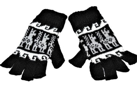 Alpaca Inca Patterned Fingerless Gloves Gloves Black 