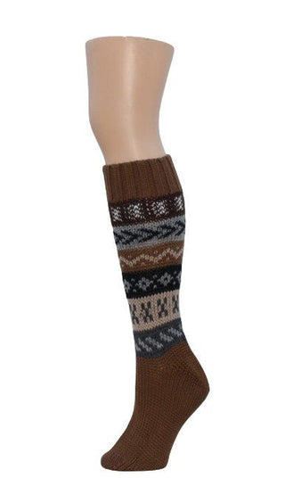 Deluxe Hand Knit Patterned Long Alpaca Socks - Choice Alpaca Products-INCT-longsocks-brown