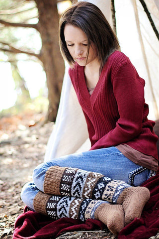 Deluxe Hand Knit Patterned Long Alpaca Socks - Choice Alpaca Products-INCT-longsocks-tan