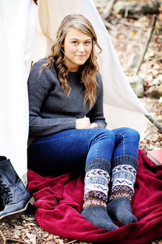 Deluxe Hand Knit Patterned Long Alpaca Socks Socks Grey One Size Fits Most 