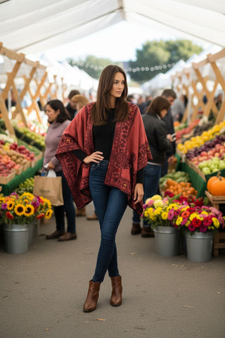 Floral Reversible Hand Made Embroidery Alpaca Ruana - Choice Alpaca Products-dyc-floralrev-amarilis_azul