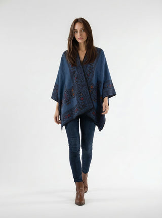 Floral Reversible Hand Made Embroidery Alpaca Ruana - Choice Alpaca Products-dyc-floralrev-amarilis_azul