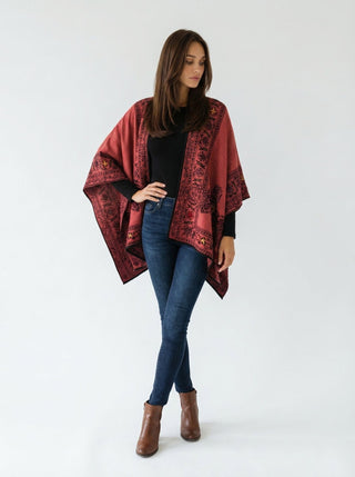 Floral Reversible Hand Made Embroidery Alpaca Ruana - Choice Alpaca Products-dyc-floralrev-amarilis_terracota