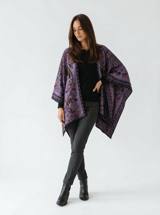Floral Reversible Hand Made Embroidery Alpaca Ruana - Choice Alpaca Products-dyc-floralrev-azalea-morado