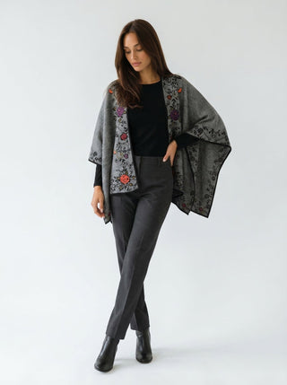 Floral Reversible Hand Made Embroidery Alpaca Ruana - Choice Alpaca Products-dyc-floralrev-rosal-gris
