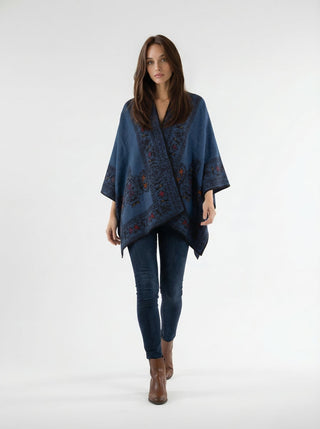 Floral Reversible Hand Made Embroidery Alpaca Ruana Poncho One Size Fits Most AMARILIS AZUL 
