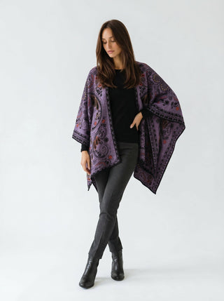 Floral Reversible Hand Made Embroidery Alpaca Ruana Poncho One Size Fits Most AZALEA MORADO 