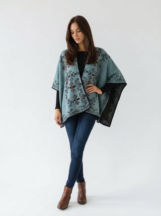 Floral Reversible Hand Made Embroidery Alpaca Ruana Poncho One Size Fits Most KILLA VERDE 