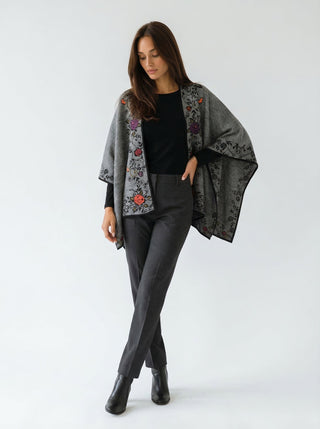 Floral Reversible Hand Made Embroidery Alpaca Ruana Poncho One Size Fits Most ROSAL GRIS 