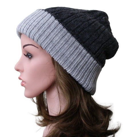 Reversible Cabled 100% Alpaca Knit Hat Fun CharcoalSilver 