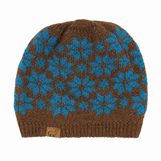 USA Made Alpaca Slouch Beanie - Snowflake Hat Brown w Blue Accents 