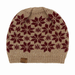 USA Made Alpaca Slouch Beanie - Snowflake Hat Fawn w Burgundy 