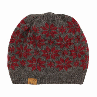 USA Made Alpaca Slouch Beanie - Snowflake Hat Grey w Burgundy 