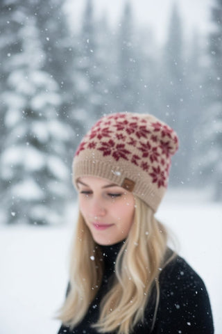 USA Made Alpaca Slouch Beanie - Snowflake - Choice Alpaca Products-snowflake-slouch-grey-sandstone